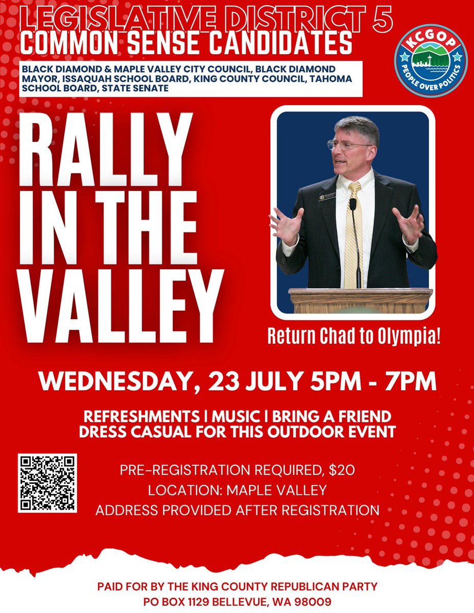 KCGOP's tweet image. Summer Campaign Event! ☀️
Let’s help return Chad Magendanz to Olympia!
@Magendanz
Buy Tickets here 🎟️: event.auctria.com/213c16fe-fd99-…