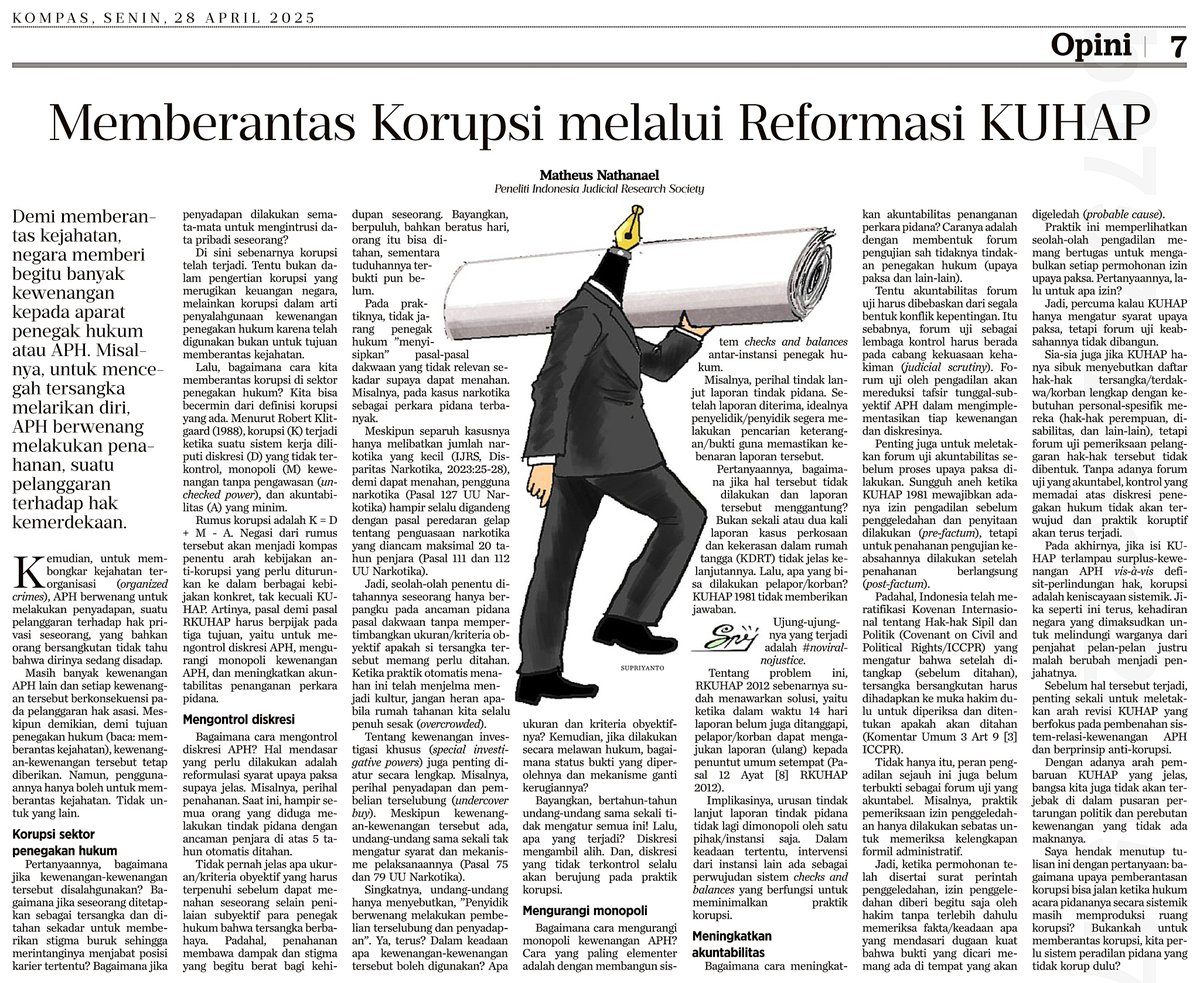 Kalau mau tau tentang bagaimana cara Memberantas Korupsi melalui Reformasi KUHAP, silakan klik tautan berikut ini:

Scan Opini: drive.google.com/file/d/1ZucxY-…

Tautan Opini di Kompas: kompas.id/artikel/member…