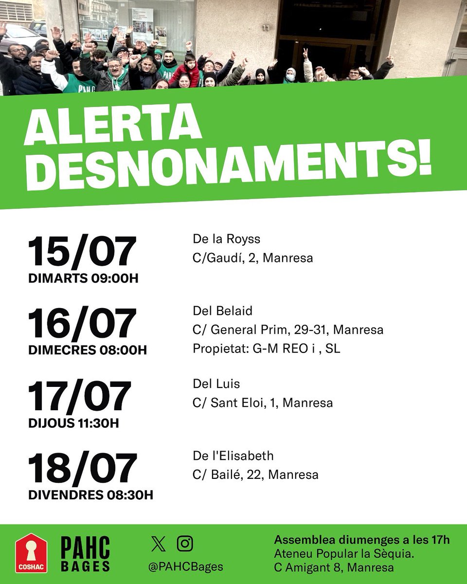 🟢✊ Aquesta setmana tenim 4 desnonaments! Defensem les cases de la Royss, el Belaid, el Luis i l’Elisabeth

SI SE PUEDE!