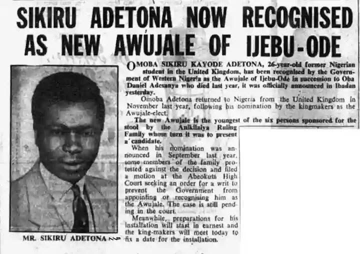 thejidetaiwo's tweet photo. His Majesty, Ọba Sikiru Káyọ̀dẹ́ Adetọna, the Awùjalẹ̀ of  Ìjẹ̀bú has joined his ancestors after 65 glorious years on the throne. He was crowned in 1960 at the age 26, and was the longest reigning monarch in the world until his transition today. A great king has gone home. https://t.co/RlWvRpE77o