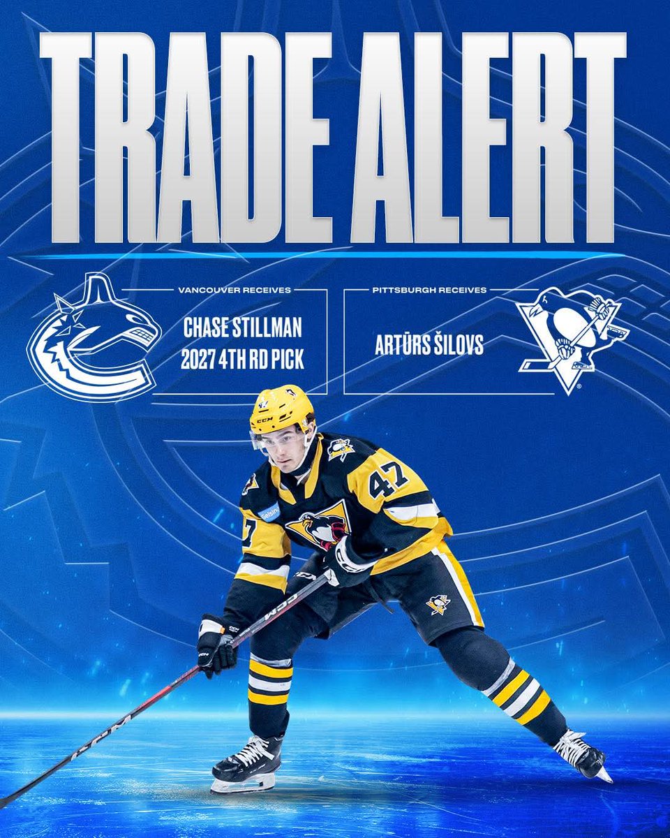 Thebigfaceoff's tweet image. General Manager Patrik Allvin announced today that the #Canucks have acquired F Chase Stillman and a fourth-round pick in the 2027 NHL Entry Draft from the Pittsburgh Penguins in exchange for G Artūrs Šilovs.