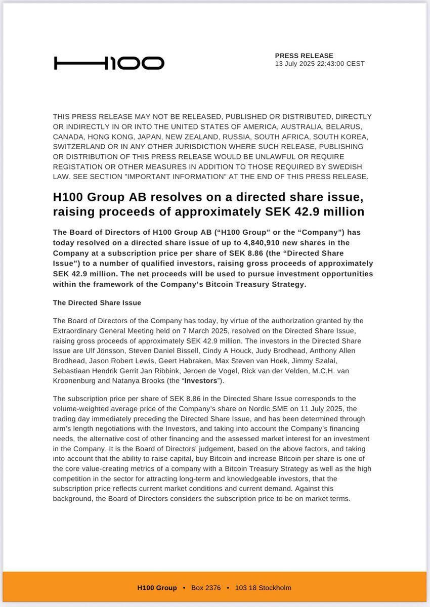 H100Group's tweet image. H100 Group has completed a directed share issue, raising approximately SEK 42.9 million (~$4.4 million).
The offering was priced at SEK 8.86 in line with Friday’s VWAP.