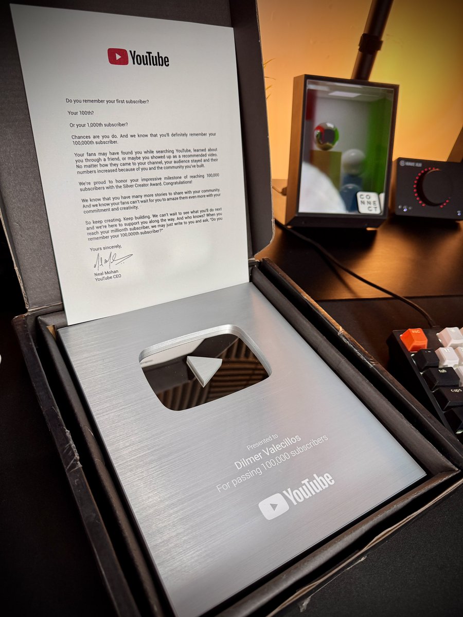 Dilmerv's tweet image. 🎉 Just received a YouTube Silver Play Button for 100,000 subscribers.
After 980 YouTube videos focused on VR/MR development, Unity, and a variety of XR devices, I have to say, it’s been a wild 7-year journey. Thank you all for watching my content and supporting me along the…