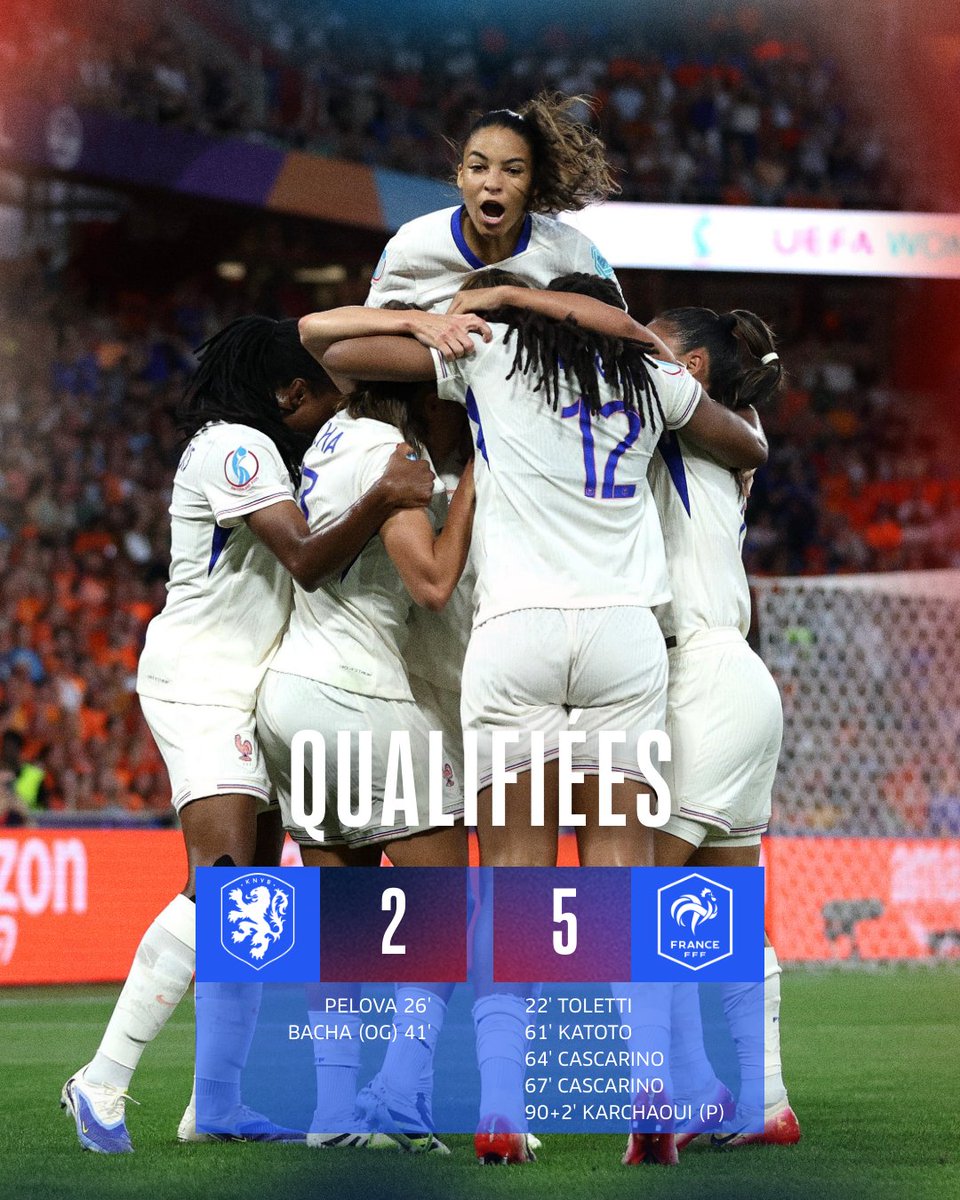 𝐄𝐋𝐋𝐄𝐒 𝐒𝐎𝐍𝐓 𝐐𝐔𝐀𝐋𝐈𝐅𝐈𝐄́𝐄𝐒 ! 🤩

Menées, nos Bleues ont trouvé les ressources pour renverser les Pays-Bas et filer en 1/4 contre l’Allemagne 👊

#PBSFRA l #FiersdetreBleues l #WEURO2025