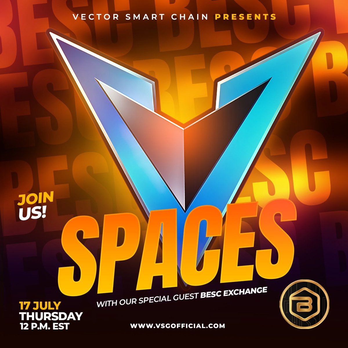 Join us Thursday july 17th on X for a spaces. Get the breakdown from <a href="/CCCK78Youtube/">CCCK78</a> about #besc #money $besc and more!

Ground breaking #cex with the most on/off Ramps in #crypto
Join <a href="/vscchain/">VECTOR SMART CHAIN</a> Thursday