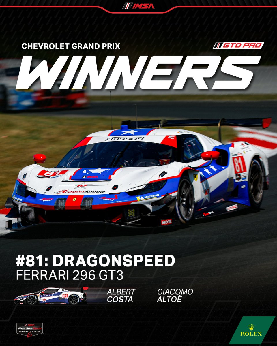 IMSA (@imsa) on Twitter photo Congratulations to the No. 81 DragonSpeed, Ferrari 296 GT3 team on Winning the 2025 Chevrolet Grand Prix at Canadian Tire Motorsport Park in the GTD PRO Class! ๐
<a href="/DragonSpeedLLC/">DragonSpeed</a> | <a href="/FerrariRaces/">Ferrari Races</a> Congratulations to the No. 81 DragonSpeed, Ferrari 296 GT3 team on Winning the 2025 Chevrolet Grand Prix at Canadian Tire Motorsport Park in the GTD PRO Class! ๐
<a href="/DragonSpeedLLC/">DragonSpeed</a> | <a href="/FerrariRaces/">Ferrari Races</a>