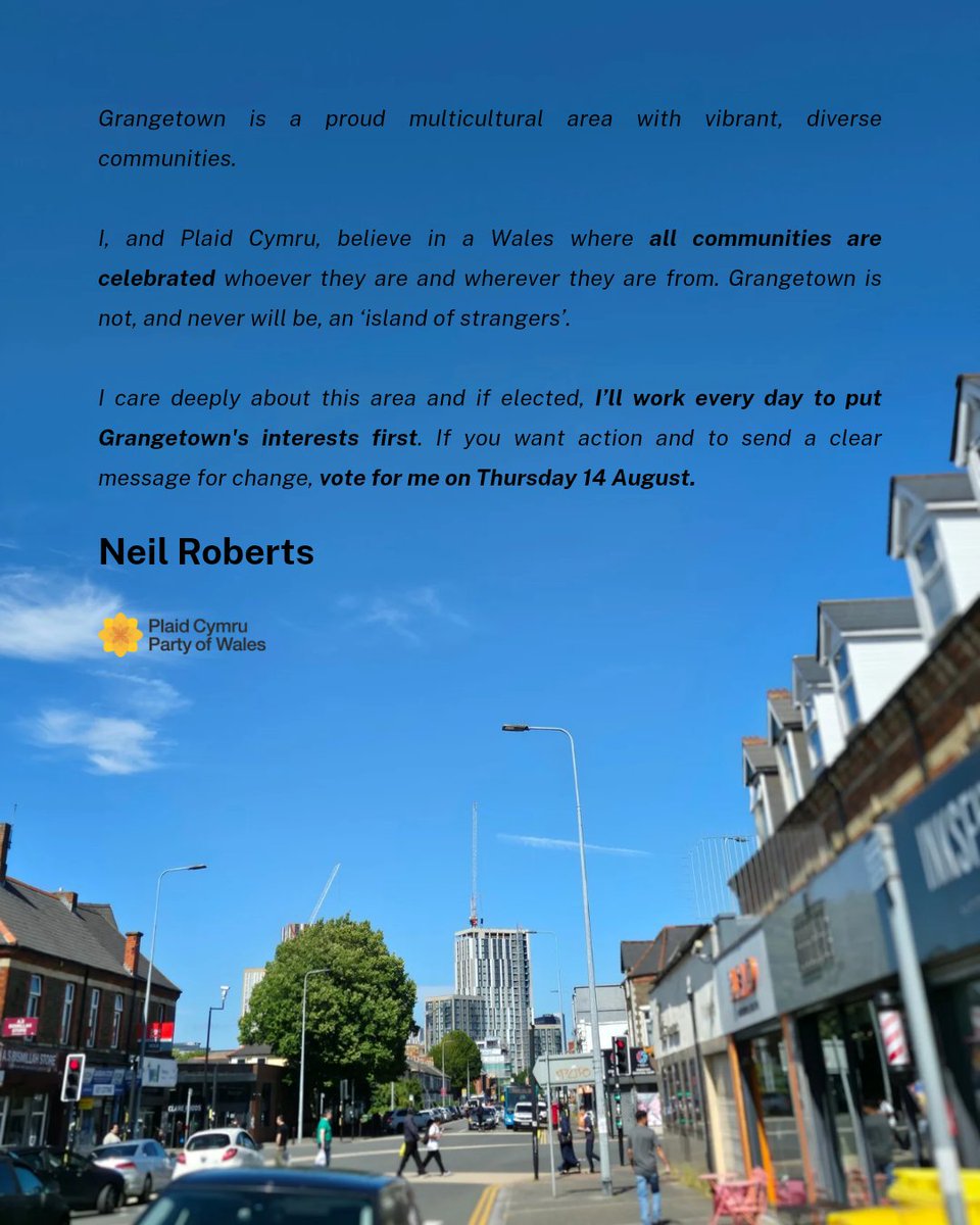 I am happy to announce that I will be the <a href="/Plaid_Cymru/">Plaid Cymru 🏴󠁧󠁢󠁷󠁬󠁳󠁿</a> candidate for the upcoming Grangetown By-Election to be held on 14 August. 

Grangetown is a proud multicultural area of our city. A hub of dynamism, ingenuity and culture, it has all the ingredients for a bright future.

It