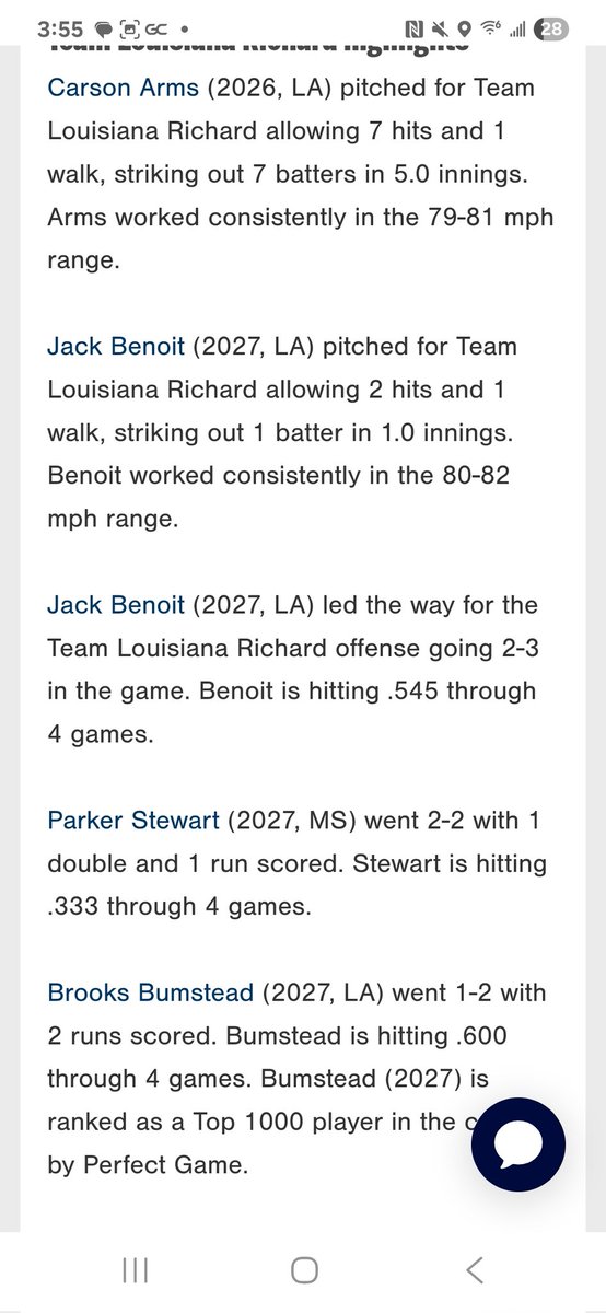 Team Louisiana Baseball (@team_louisiana) on Twitter photo Good guys defeat HP Chavez 9-6 and advance to the final 8. Guys were led on the mound by <a href="/carson_arms24/">Carson Arms</a>. At the plate a great job up and down the lineup. Both <a href="/JackBenoit_14/">Jack Benoit</a> & <a href="/BrooksBumstead/">Brooks Bumstead</a> continue to swing it well this week! Good guys defeat HP Chavez 9-6 and advance to the final 8. Guys were led on the mound by <a href="/carson_arms24/">Carson Arms</a>. At the plate a great job up and down the lineup. Both <a href="/JackBenoit_14/">Jack Benoit</a> & <a href="/BrooksBumstead/">Brooks Bumstead</a> continue to swing it well this week!