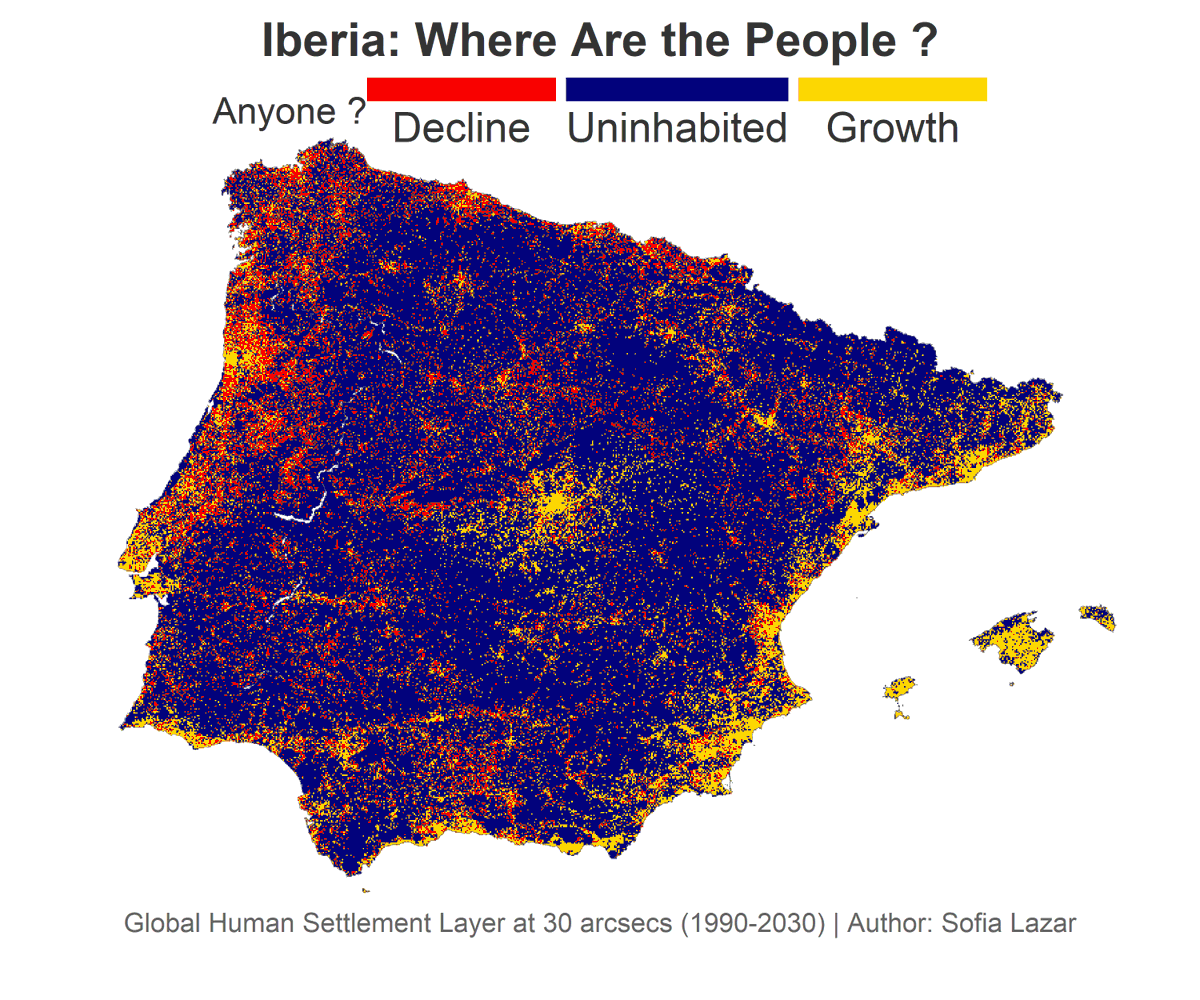 Sofia Lazar (@lazarsofia1) on Twitter photo 🌍 Iberia: Where the People Are 🇪🇸🇵🇹
Mapped at 30 arcsec resolution using GHSL:
🔴 Rural decline
🟡 Urban/coastal growth
🔵 Mountains & plains = uninhabited
👀 Who stays? Who leaves? Where’s the future?
Inspired by a classic tutorial from <a href="/milos_agathon/">Milos Popovic</a> 🙌
#PopulationChange #R 🌍 Iberia: Where the People Are 🇪🇸🇵🇹
Mapped at 30 arcsec resolution using GHSL:
🔴 Rural decline
🟡 Urban/coastal growth
🔵 Mountains & plains = uninhabited
👀 Who stays? Who leaves? Where’s the future?
Inspired by a classic tutorial from <a href="/milos_agathon/">Milos Popovic</a> 🙌
#PopulationChange #R
