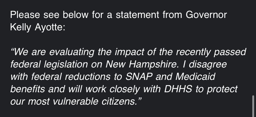 WillSkipworth's tweet image. I asked Gov. @KellyAyotte her reaction to the “Big Beautiful Bill” and if she wants to use state funds to fill holes in New Hampshire social services the bill creates. Here’s the statement her team sent me. Expect a story on how the bill affects New Hampshire soon. #NHPolitics