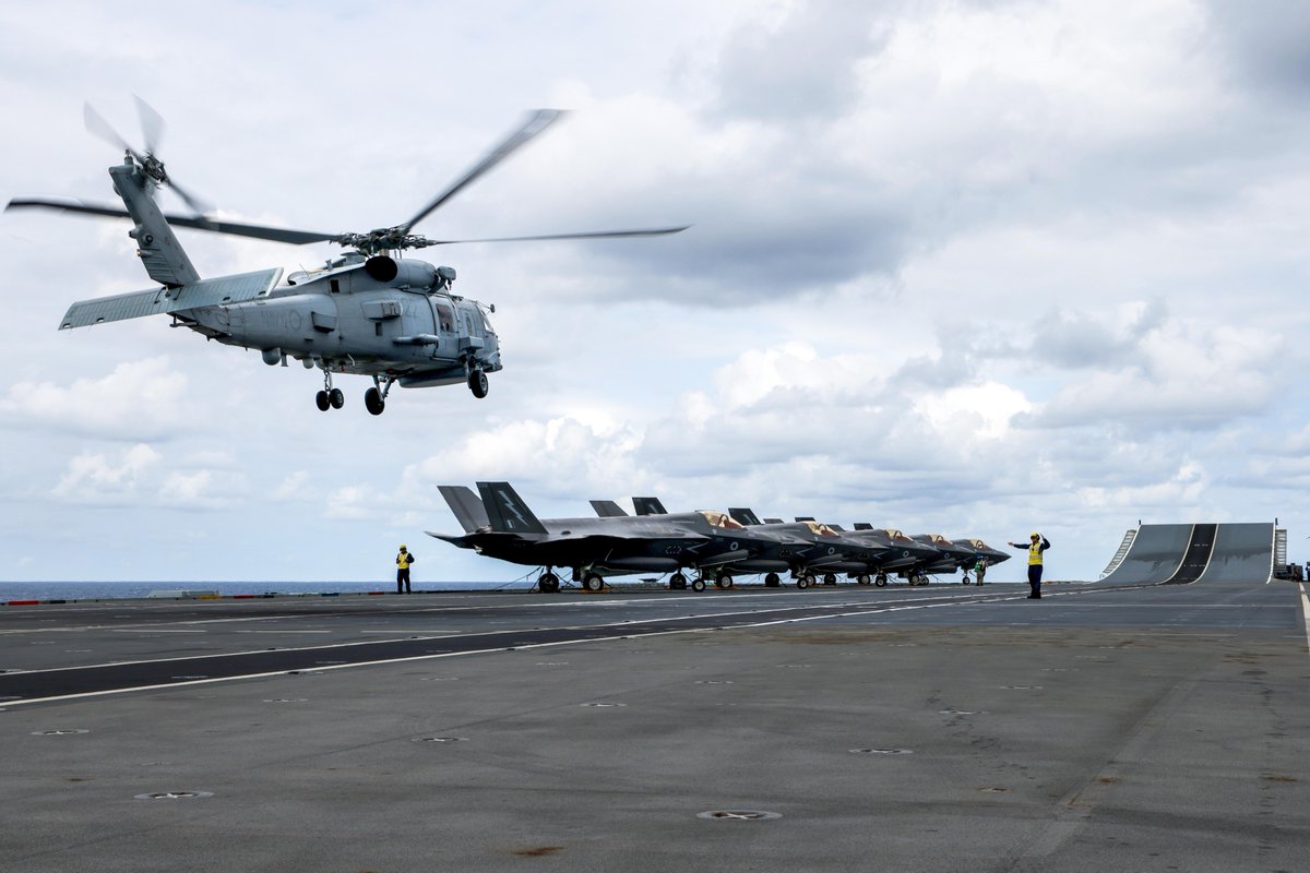 DefenceAust's tweet photo. The Australian Defence Force recently provided support to the United Kingdom-led @COMUKCSG during a deployment to the Indo-Pacific, under Operation Highmast.

During the deployment, the @AusAirForce's P-8A Poseidon aircraft provided maritime surveillance, while the @Australian_Navy's destroyer HMAS Sydney, integrated with the strike group ahead of @TalismanSabre.

#YourADF #TS25 #CSG25 @RoyalNavy