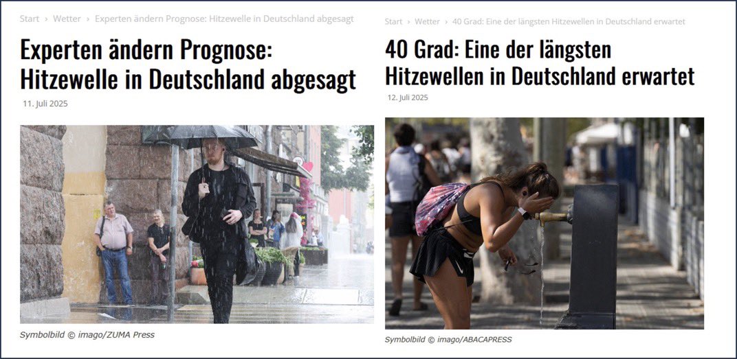 Hab ich das jetzt richtig verstanden, dieselbe Wissenschaft™️, die aufs Grad genau weiß, wie das Wetter in 50 Jahren wird, wenn wir nicht Freiheit, Wohlstand und unsere Art zu leben aufgeben, ist nicht in der Lage, eine halbwegs genaue Vorhersage für die nächste Woche zu liefern?