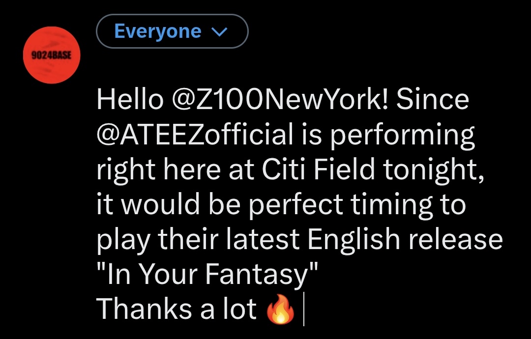 ATINY! ATEEZ’s first stadium concert of the tour is happening today in NYC!
Let's ask a famous local radio station to play their latest song ‼️

Hey <a href="/Z100NewYork/">Z100 New York</a>! ATEEZ is performing at Citi Field tonight! Can you please play their English track "In Your Fantasy"? We'd love to