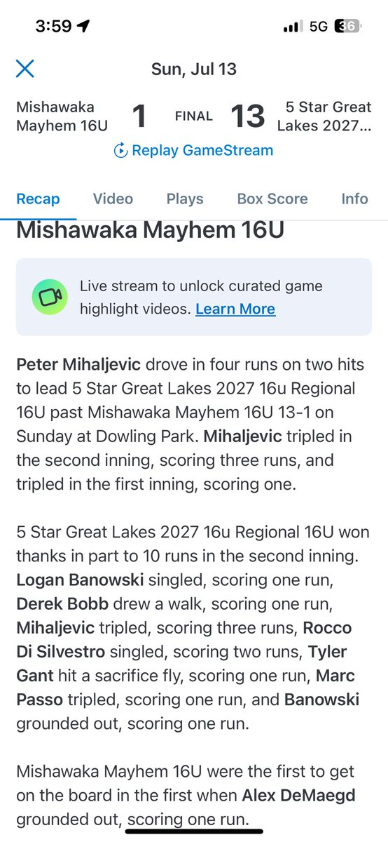 13-1W
2-2 with two triples 
4RBI

<a href="/5stargreatlakes/">5 Star Great Lakes</a> <a href="/MunsterBaseball/">Mustang Baseball</a>