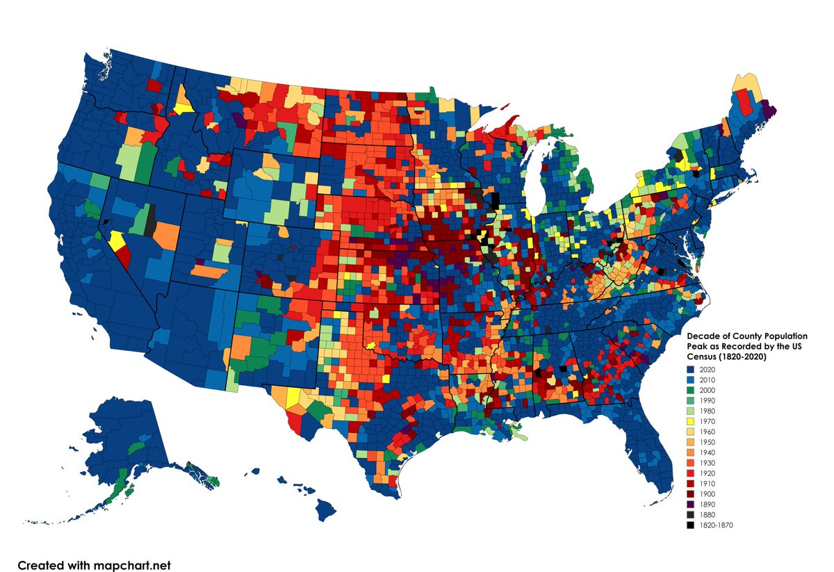 The Decade Every U.S. County Peaked In Population As Recorded by the US Census (1820-2020)

Surpised?

More about the data: brilliantmaps.com/peak-us-county/