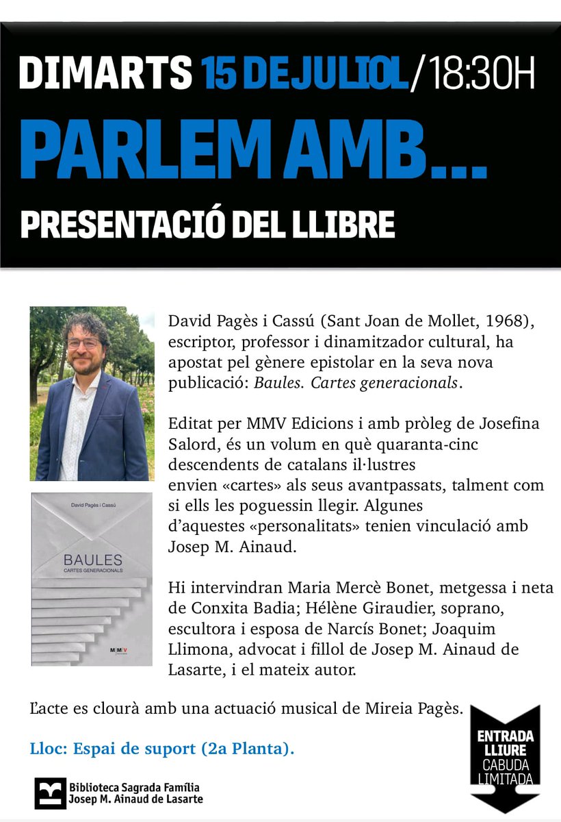 Conxita Badia (@conxitabadia) on Twitter photo Aquest dimarts a la Biblioteca Josep Maria #Ainaud de Lasarte a la Sagrada Família de Barcelona l'autor de "Baules" <a href="/DavidPagesCassu/">David Pagès i Cassú</a> acompanyat de diversos testimonis parlaran de #ConxitaBadia, JM Ainaud, Carme Karr, Narcís Bonet, etc, i en sentirem les seves cançons. Veniu-hi! Aquest dimarts a la Biblioteca Josep Maria #Ainaud de Lasarte a la Sagrada Família de Barcelona l'autor de "Baules" <a href="/DavidPagesCassu/">David Pagès i Cassú</a> acompanyat de diversos testimonis parlaran de #ConxitaBadia, JM Ainaud, Carme Karr, Narcís Bonet, etc, i en sentirem les seves cançons. Veniu-hi!