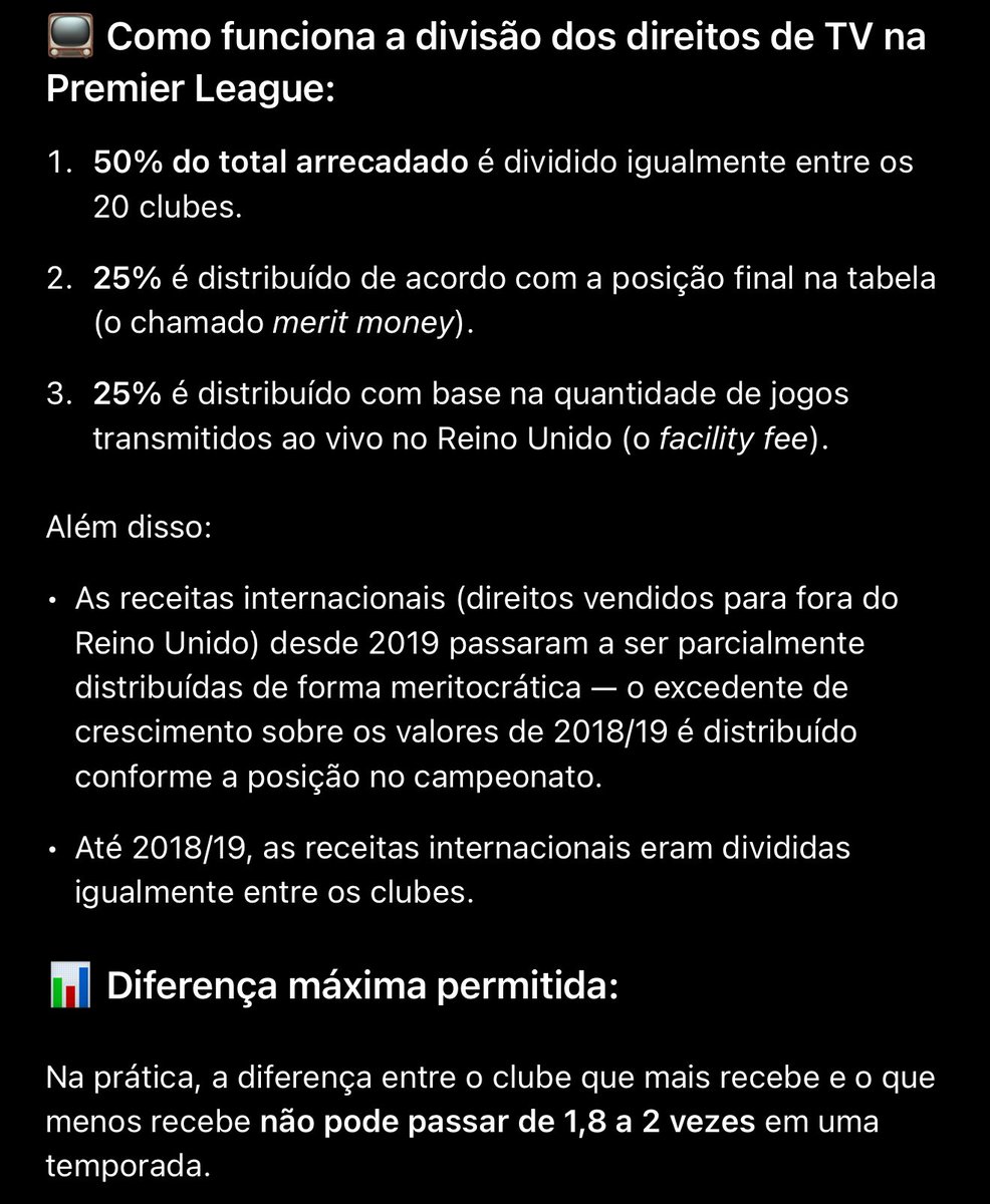 A diferença entre o clube que mais recebe e o que menos recebe na Premier League não pode passar de 1,8 a 2 vezes em uma temporada, mas o alecrim dourado da Gávea não pode receber “apenas” 3.5 vezes mais que o Sport, por exemplo.

Só cai nesse papo idiota e prepotente quem quer…