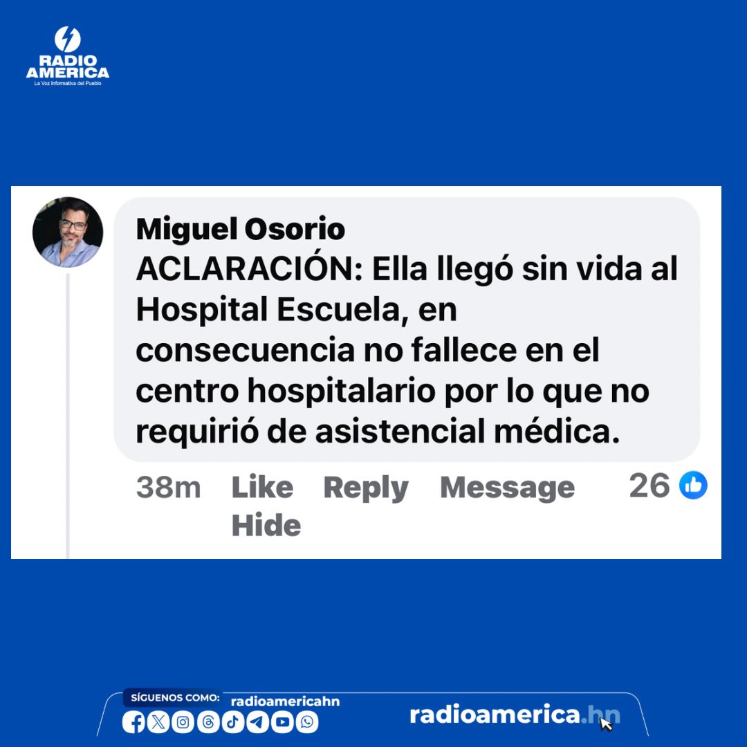 ATENCIÓN | Portavoz del Hospital Escuela, Miguel Osorio, aclara en el Facebook de RADIO AMÉRICA que la presentadora de televisión, Mayra Tercero, “llegó sin vida” a ese centro asistencial. 

“ACLARACIÓN: Ella llegó sin vida al Hospital Escuela, en consecuencia no fallece en el