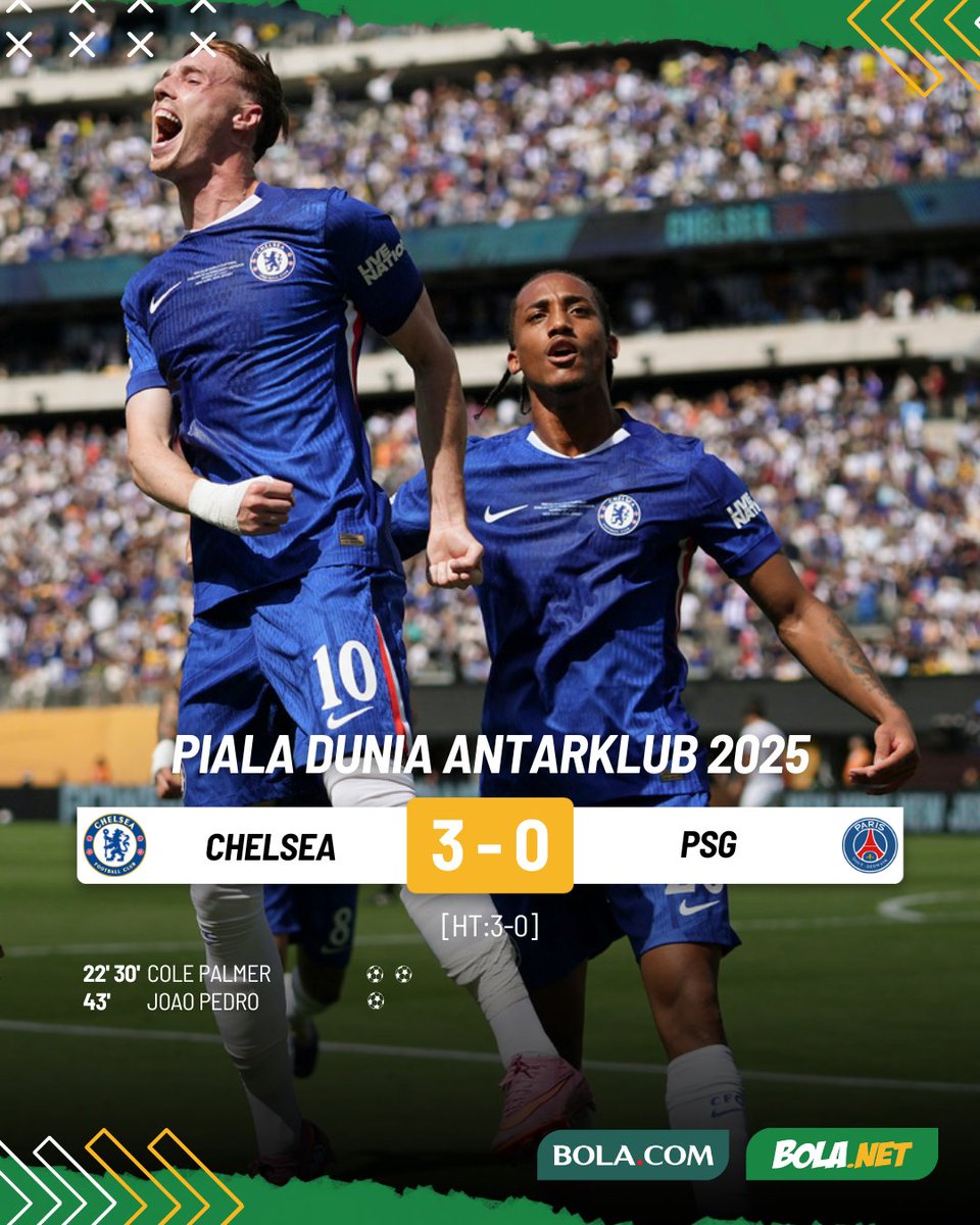 Bolanet's tweet photo. #LiveBolanet FT: Chelsea 3-0 PSG | Possessions: 33%-67% | Shots on Target: 5-6 | Fouls: 15-10

Final Tanpa Ampun: Chelsea Habisi PSG dan Angkat Trofi Piala Dunia Antarklub 2025!

#Bolanet #bldhen #CWC #ClubWorldCup #Chelsea #PSG https://t.co/ESByc1N6Is
