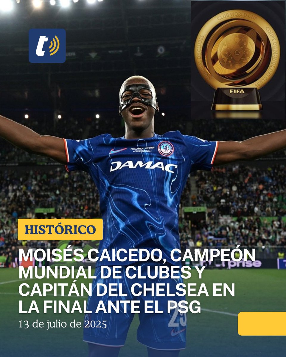 tomebamba's tweet photo. El centrocampista ecuatoriano Moisés Caicedo ha hecho historia al consagrarse como campeón del Mundial de Clubes 2025 con el Chelsea FC, liderando al equipo como capitán en la final disputada en el MetLife Stadium.

Los Blues derrotaron 3-0 al Paris Saint-Germain, campeón de la Champions League, consolidando el regreso del club londinense a la élite del fútbol mundial.

Caicedo fue una figura clave en la victoria del Chelsea, demostrando su calidad como mediocampista defensivo y su liderazgo en el terreno de juego. A pesar de las dudas sobre su participación debido a una molestia en el tobillo sufrida en la semifinal contra Fluminense, el ecuatoriano se recuperó a tiempo y lució el brazalete de capitán, un honor que lo convierte en el primer jugador ecuatoriano en capitanear a un equipo en una final del Mundial de Clubes.

El encuentro, disputado ante un PSG liderado por estrellas como Vitinha y Ousmane Dembélé, fue un desafío de alto nivel. Sin embargo, la dupla formada por Caicedo y Enzo Fernández en el mediocampo se impuso, cortando los circuitos de juego del equipo parisino y brindando solidez al esquema de Enzo Maresca.

El Chelsea se llevó el título con un planteamiento táctico impecable, apoyado en la intensidad y visión de juego de Caicedo, quien además destacó por su capacidad para recuperar balones, liderando las estadísticas en este rubro durante toda la temporada.

Su rol como capitán en esta final marca un hito para el fútbol ecuatoriano y consolida su estatus como uno de los mejores mediocampistas del mundo. Para Caicedo, este logro es un paso más en su meteórica carrera, que lo ha llevado de las bases del Independiente del Valle a ser una estrella global con apenas 23 años.

Ecuador celebra con orgullo a su capitán campeón, mientras Caicedo promete seguir dejando huella en el fútbol mundial.

#MoisésCaicedo #ChelseaFC #MundialDeClubes #Campeón #Ecuador #futbol
