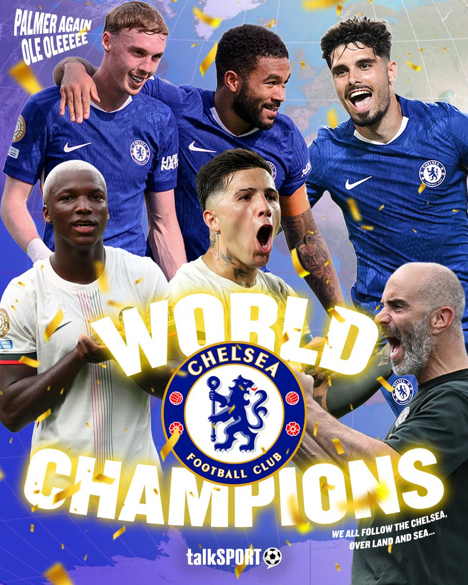 talkSPORT's tweet photo. For the second time in their history, Chelsea have won the Club World Cup. 🏆

The Blues have demolished European champions PSG 3-0, led by an incredible display from Cole Palmer, who picked up a brace. 🤩

On top of the world. 🌍 https://t.co/LKHcDwV8ue