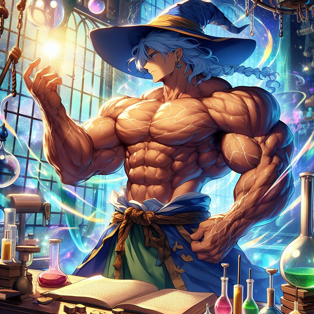 These marvelous mages may have got a bit carried away with strength-increasing magic...

Still, no self-respecting mage is going to let his spellcraft be beaten - so the only choice is to keep working the magic, and to keep getting bigger and stronger than everyone else...