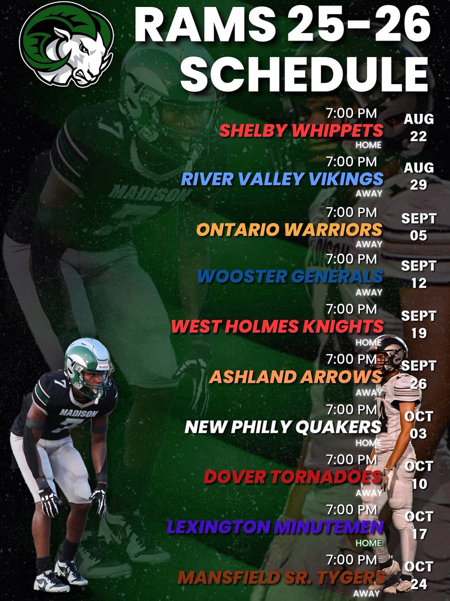 Madison Rams 25-26 Varsity Football Schedule