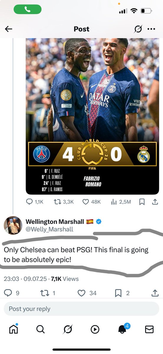 Welly_Marshall's tweet photo. @FabrizioRomano I’m not even a Chelsea supporter, but I was sure they could take down PSG. PSG’s a finished club that got lucky winning the Champions League. And let’s be honest — they only beat Madrid 4-0 because Madrid’s been done since 2023! https://t.co/GOve1Ycycy