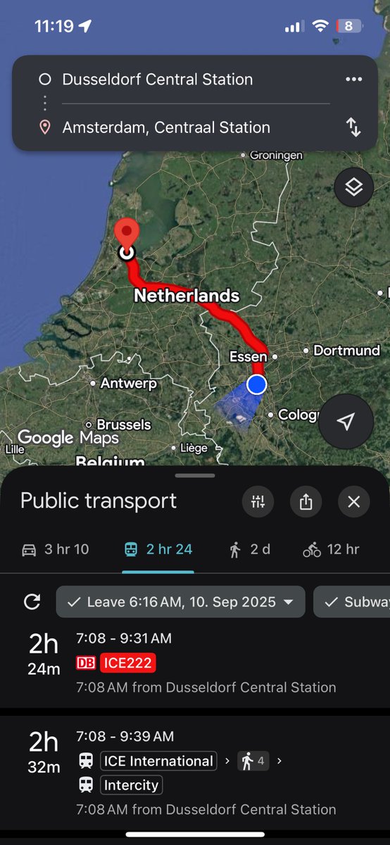DylanWojo's tweet photo. @AgileJebrim @reggytwobit @the_transit_guy Routes to 4 different major European cities are all drastically shorter and you can actually use your time on the train. I’m from the US and live in Europe. In 9/10 cases I would rather take the train. Far better system then in the US. https://t.co/tckFIEYoqq