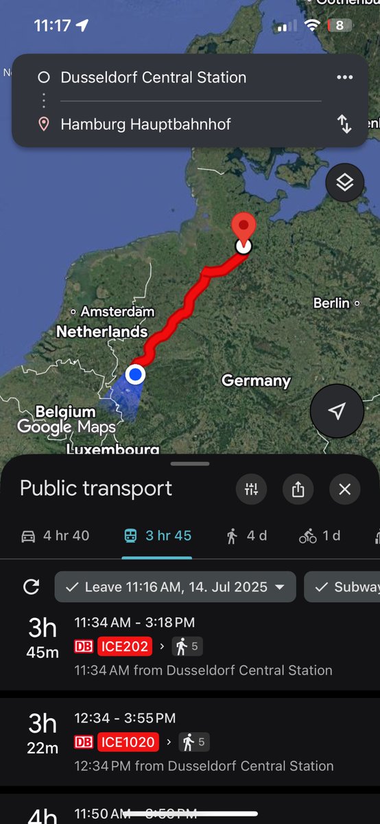 DylanWojo's tweet photo. @AgileJebrim @reggytwobit @the_transit_guy Routes to 4 different major European cities are all drastically shorter and you can actually use your time on the train. I’m from the US and live in Europe. In 9/10 cases I would rather take the train. Far better system then in the US. https://t.co/tckFIEYoqq