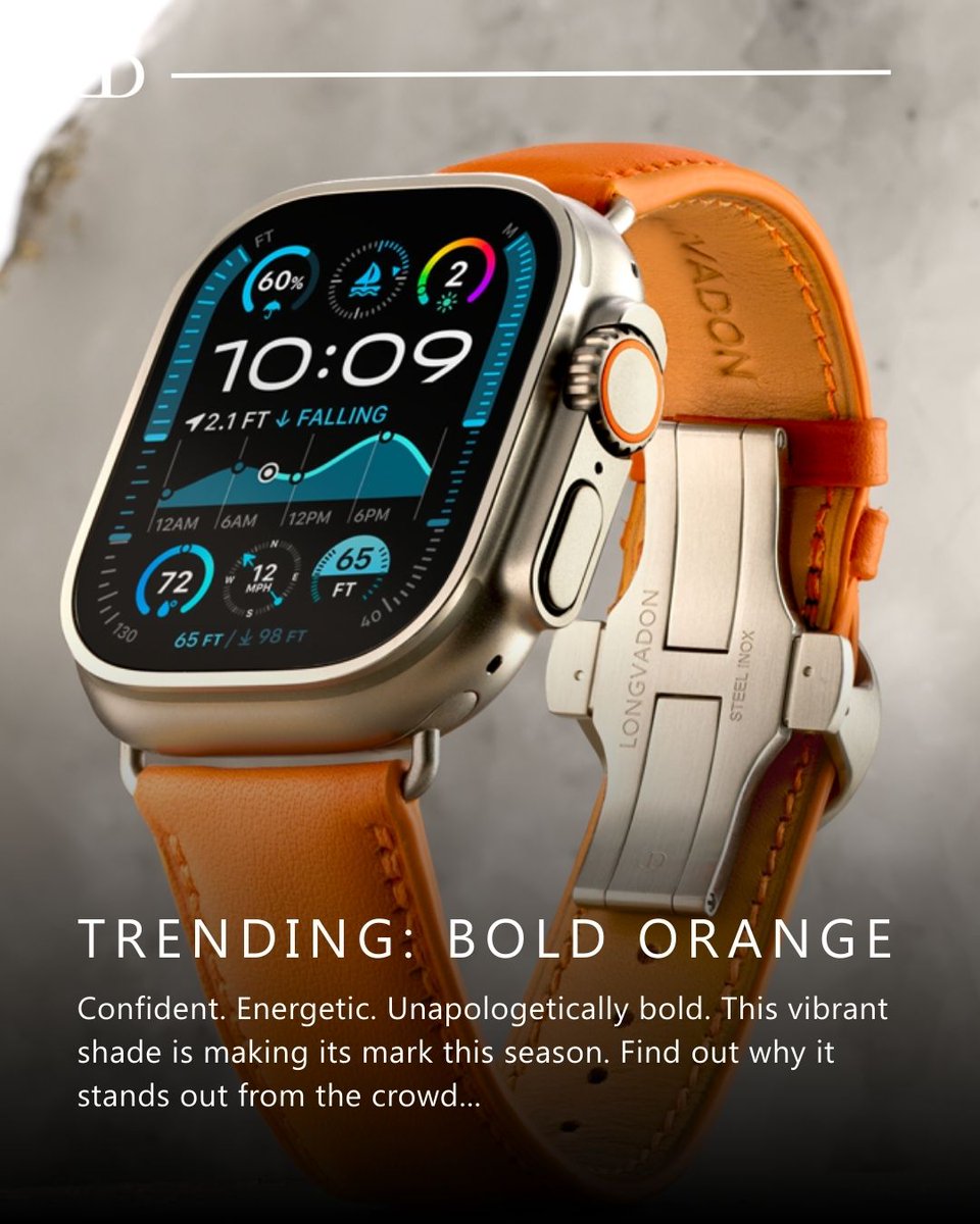 longvadon's tweet photo. Not for the faint of wrist.

Bold Orange brings energy, edge, and unapologetic confidence to your Apple Watch. It’s the shade that commands attention — and the craftsmanship that earns it.

Turn heads. Make moves. Wear bold.

#Longvadon #SS25ColorTrend #BoldOrange #AppleWatchStrap #StatementStyle #ModernDesign #WristGameStrong