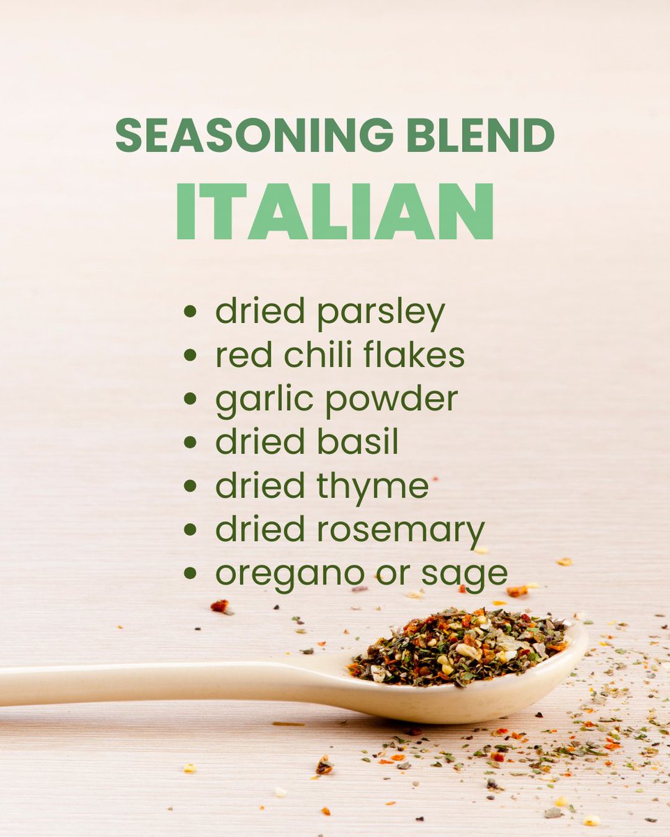 TWF_Health's tweet image. Seasoning Blend: Italian 🇮🇹
✔️Dried Parsley
✔️Red Chili Flakes
✔️Garlic Powder
✔️Dried Basil
✔️Dried Thyme
✔️Dried Rosemary
✔️Oregano or Sage