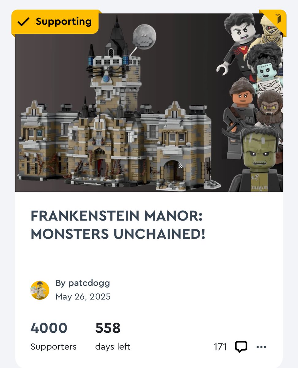 My <a href="/LEGO_Group/">LEGO</a> recreation of <a href="/UniversalORL/">Universal Orlando Resort</a> ‘s Monsters Unchained attraction has officially hit 4,000 supporters! The next milestone is the halfway mark which is truly unbelievable! Thank you for all of the support! #epicuniverse #ygor