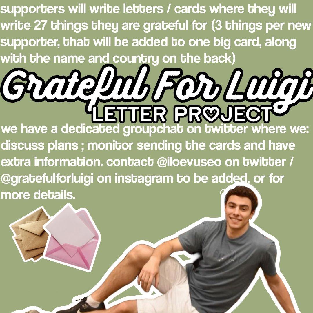 We are still inviting new members to our #GratefulForLuigi letter project! We have sent 3 cards so far! Thank you for your support ♡