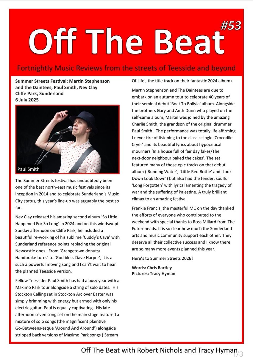 OffTheBeatTees's tweet photo. Off The Beat #53

Review of Summer Streets @summerstreets_ featuring Nev Clay, @paulsmithmusic and Martin Stephenson and the Daintees 🎶 

Plus Teesside gigs for the next two weeks ❤️ 

https://t.co/B2NaFjVeW1 https://t.co/AnB2LJi7U7