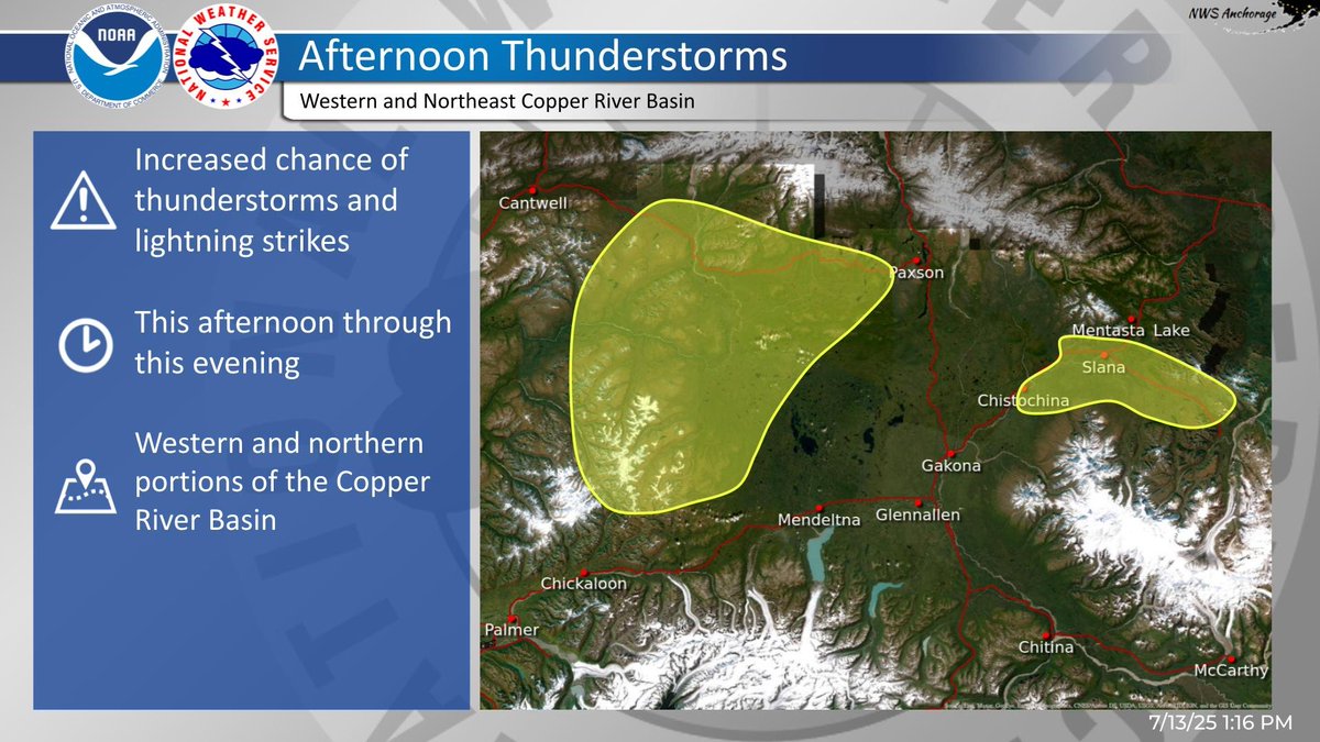 NWSAnchorage's tweet image. Showers and isolated thunderstorms are expected to develop this afternoon through this evening across the Talkeetna Mountains and in the western and northern portions of the Copper River Basin. Head over to weather.gov/afc for more info! #akwx