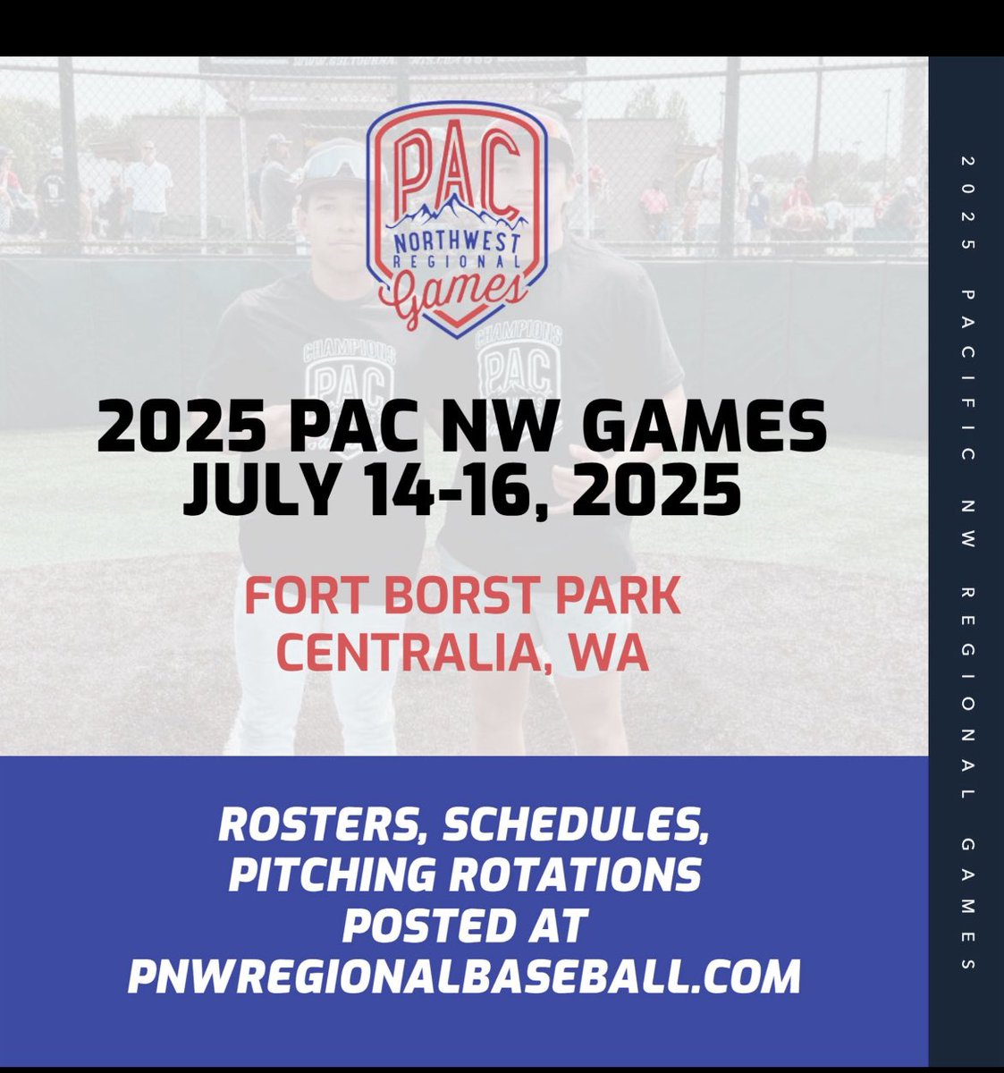Schedule for the Pac NW games, playing for 2027 PAC south (purple) #9
Monday, Game 1: Field 7 @ 10am vs 2027 Pac west (Maroon)
Tuesday, Game 2: Field 8 @ 1pm vs 2027 Pac oregon (Green) 
Game 3: Field 8 @ 6pm vs 2027 Pac north (Orange) 
Wednesday,  Field and time TBD on results