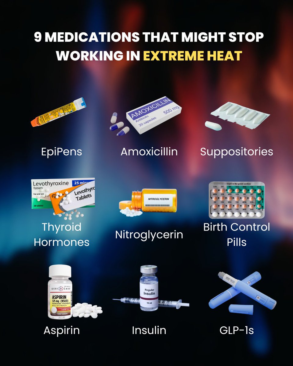 twc_health's tweet image. 9 Medications That Might Stop Working in Extreme Heat 🔥
➡️EpiPens
➡️Amoxicillin
➡️Suppositories
➡️Thyroid Hormones
➡️Nitroglycerin
➡️Birth Control Pills
➡️Aspirin
➡️Insulin
➡️GLP-1s