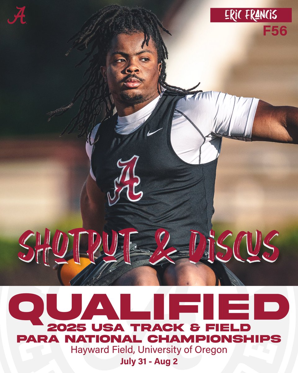UA Adapted Athletics (@alabamaadapted) on Twitter photo Eric Francis is the 4️⃣th BAMA athlete to qualify for the 2025 USA Track & Field Olympic and Paralympic National Championships at the iconic Hayward Field in Eugene, Oregon! 🇺🇸 Let’s make our mark on this historic stage on July 31 - August 2!
#RollTide | #AlabamaAdaptedAthletics Eric Francis is the 4️⃣th BAMA athlete to qualify for the 2025 USA Track & Field Olympic and Paralympic National Championships at the iconic Hayward Field in Eugene, Oregon! 🇺🇸 Let’s make our mark on this historic stage on July 31 - August 2!
#RollTide | #AlabamaAdaptedAthletics