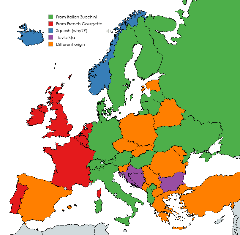 TimVersteeg4's tweet photo. Spawned from a discussion on the most used name for Zucchini/Courgette, here's a rough map of the etymological origins of the name for the vegetable in European countries.

(Some assumptions involved, but should mostly be sound) https://t.co/Fi6IBYOb5v