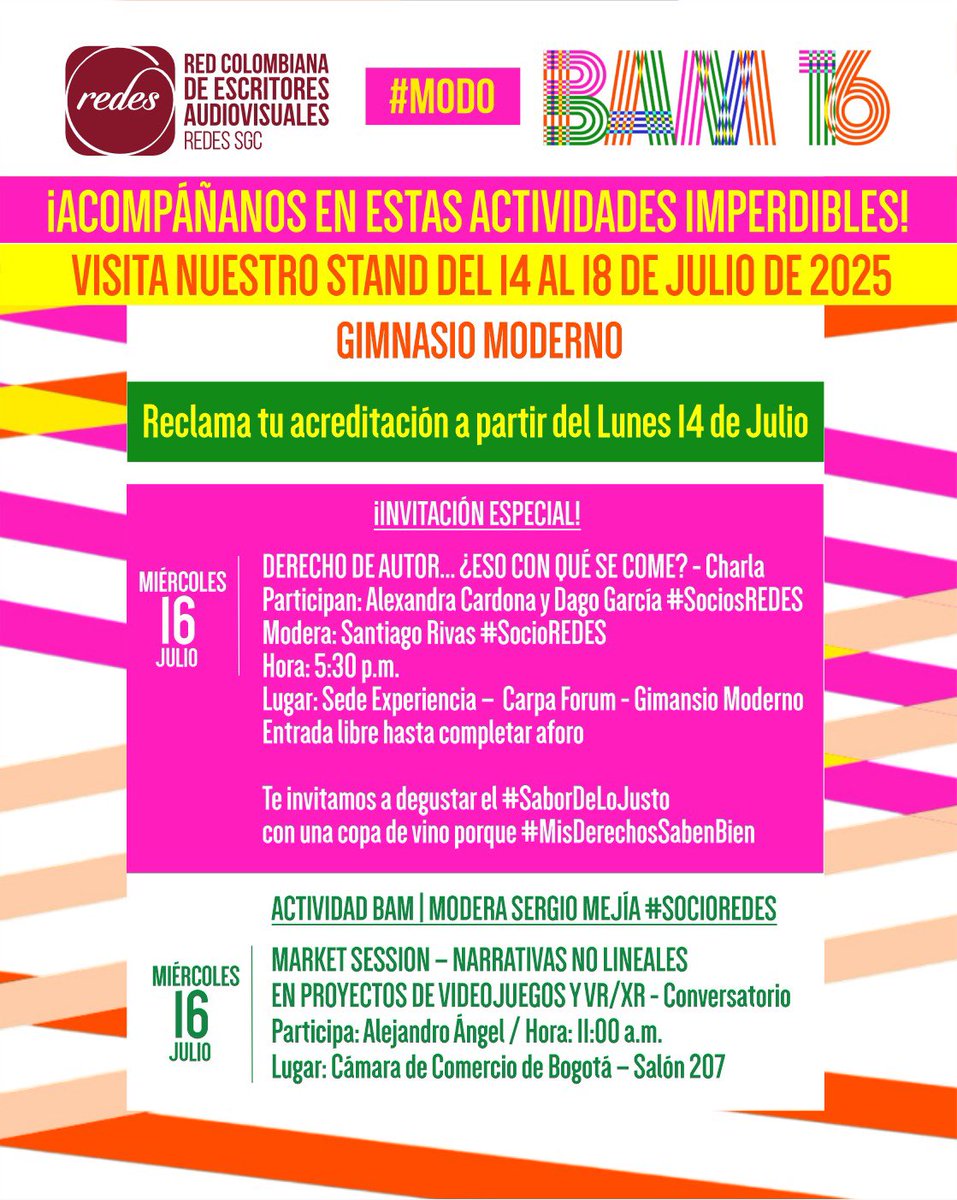 redescritoresco's tweet photo. 🎬 REDES SGC en #ModoBAM🥳

¡Esta semana es para encontrarnos, aprender y seguir construyendo juntos el futuro del audiovisual!
Del 14 al 18 de julio te esperamos en nuestro Stand y charla para que degustemos
#ElSaborDeLoJusto porque #MisDerechosSabenBien Toma nota: https://t.co/CpGu7UQ4EL