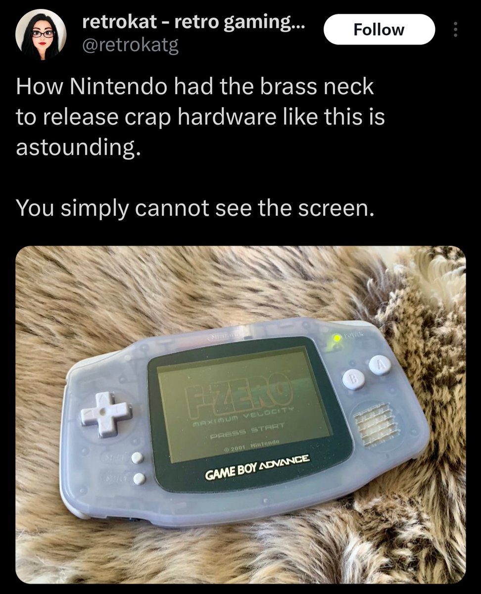 IceStrike256's tweet image. Still Nintendo's best handheld for comfort and awesome game library! Not to mention back compat. SP improved the screen experience but to hand crampy for my tastes. I blew through so many sets of batteries playing Tony Hawk 2, Pokemon, Yu-Gi-Oh and more on my launch week GBA!