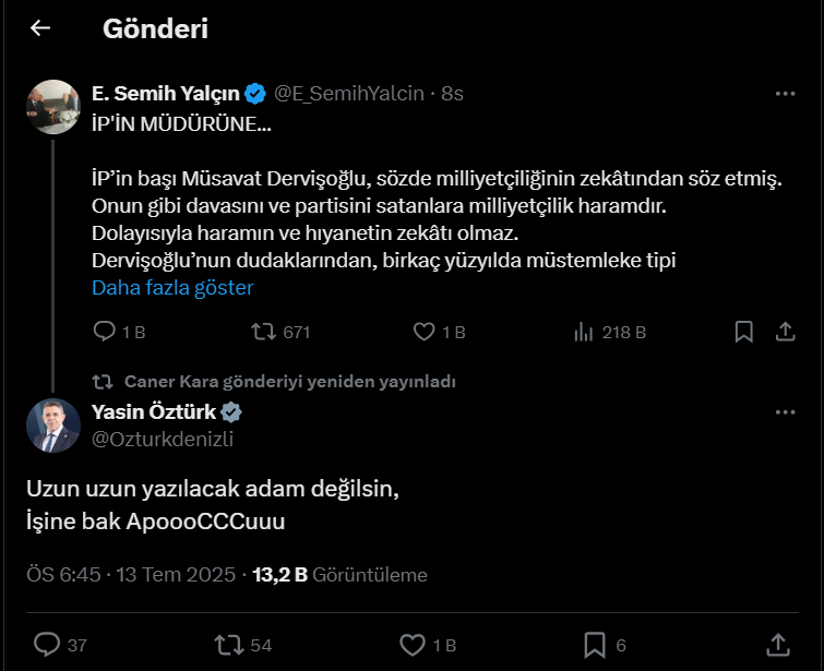 İYİ Parti Denizli Milletvekili Yasin Öztürk'ten MHP Genel Başkan Yardımcısı Semih Yalçın'a cevap: