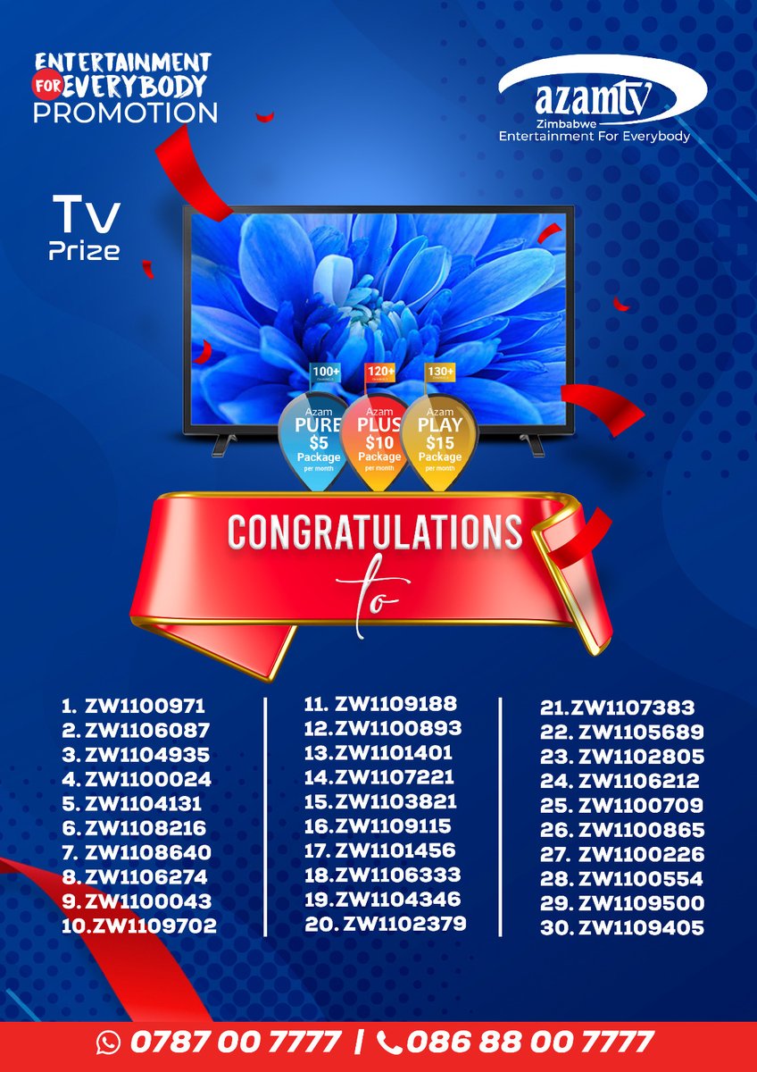 azamtvzw's tweet photo. 📩Congratulations to our #EntertainmentForEverybody  Draw Winners.
📺50 x 43" TV sets #RewardsForWatchingTV https://t.co/alaPi7KxXh