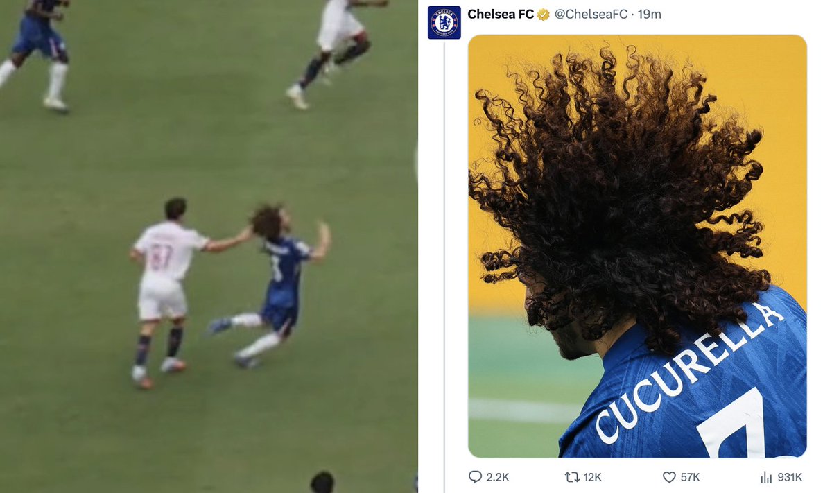 HuinGuillaume's tweet image. God-tier level reactive social media.
During the FIFA Club World Cup Final, PSG player Joao Neves got sent off for pulling the hair of Cucurella who plays for Chelsea. One minute later, Chelsea posted a picture of Cucurella's hair.
Chelsea social media person, you win today.