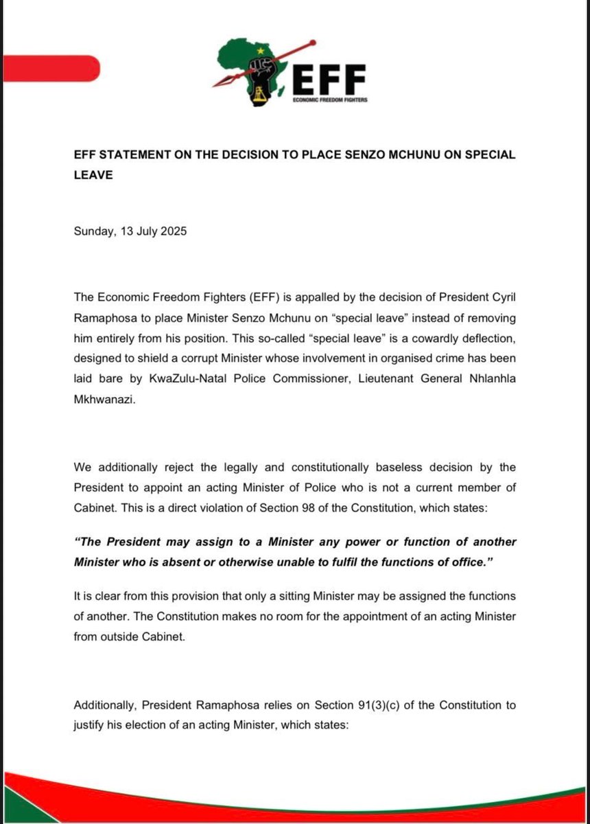 Abramjee's tweet photo. Interesting legal point raised by the EFF:

“…We additionally reject the legally and constitutionally baseless decision by the President to appoint an acting Minister of Police who is not a current member of Cabinet. This is a direct violation of Section 98 of the Constitution, which states: ‘The President may assign to a Minister any power or function of another Minister who is absent or otherwise unable to fulfil the functions of office.’

“It is clear from this provision that only a sitting Minister may be assigned the functions of another. 

“The Constitution makes no room for the appointment of an acting Minister from outside Cabinet.”