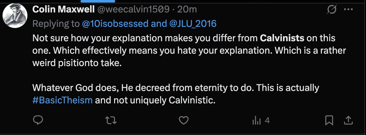 bannedby's tweet photo. The sheer unbiblical assertion is astounding: "Whatever God does, He decreed from eternity to do. This is actually #BasicTheism and not uniquely Calvinistic."
Says a Calvinist tradition, but not any text of Scripture. Don't be deceived by such cult deterministic doctrines. https://t.co/gUCLKyFQAw