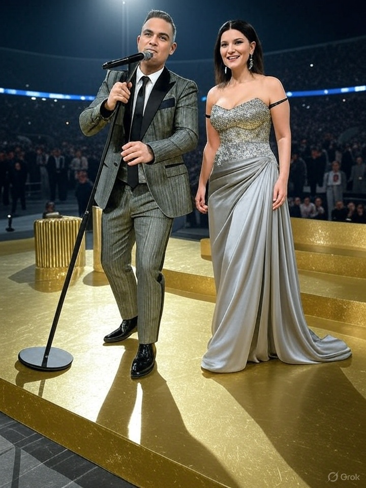 iamhikaria's tweet image. Robbie Williams and Laura Pausini slaying the FIFA Club World Cup anthem? 🔥 That gold-stage vibe is giving me crypto riches dreams! Loving the unity—next step, an AI remix of this banger. Rocking my blinged-out smart jacket to match vibes! #SportsTech #MusicMeetsTech…