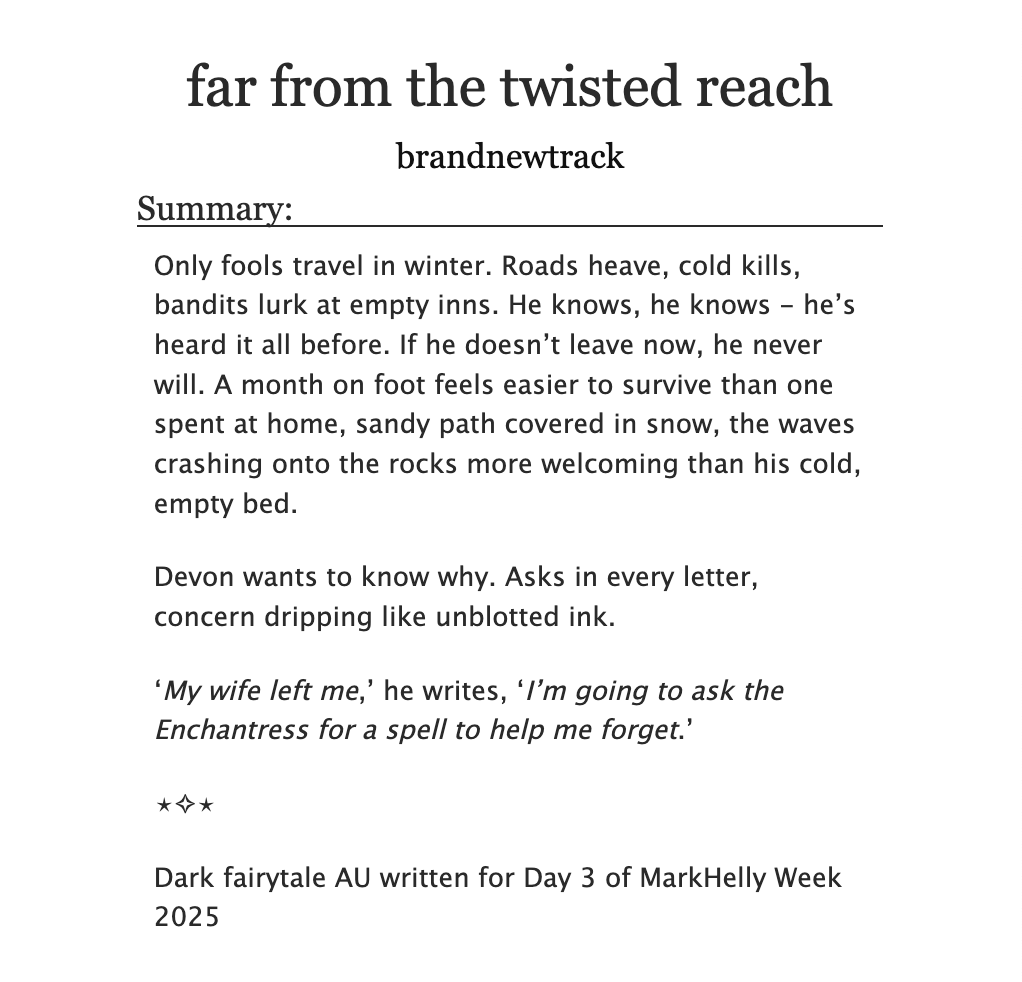 brandnwtrack's tweet photo. My answer to #markhellyweek2025 's dark fairytale prompt is live on ao3 @ https://t.co/0eDjG2KHUS
Ty for your endless patience, Besties, ilysm and I hope you enjoy!! ๐ฎ๐ https://t.co/INfD1fL2Is