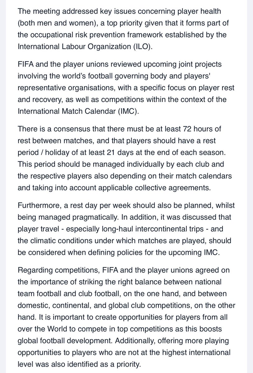 StanCollymore's tweet image. Got this FIFA email earlier that "buried news on a big FIFA day ". Bigger news for the global game than even a Club World Cup Final ( screenshot included).
Players used to get 5 or 6 weeks rest ( smaller squads, granted). Needed to offer high quality through the season. FIFA now…